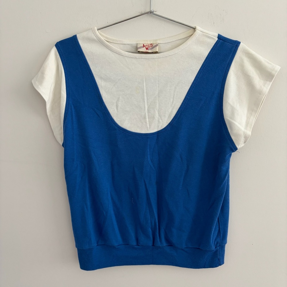 Vintage Active Wear Colorblock Layered Look T-Shirt Blue White Short Sleeve